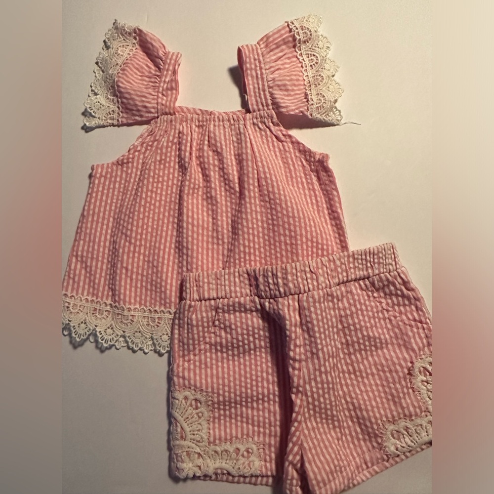 Rare Editions Pink Seersucker Two-Piece Set with Lace Trim